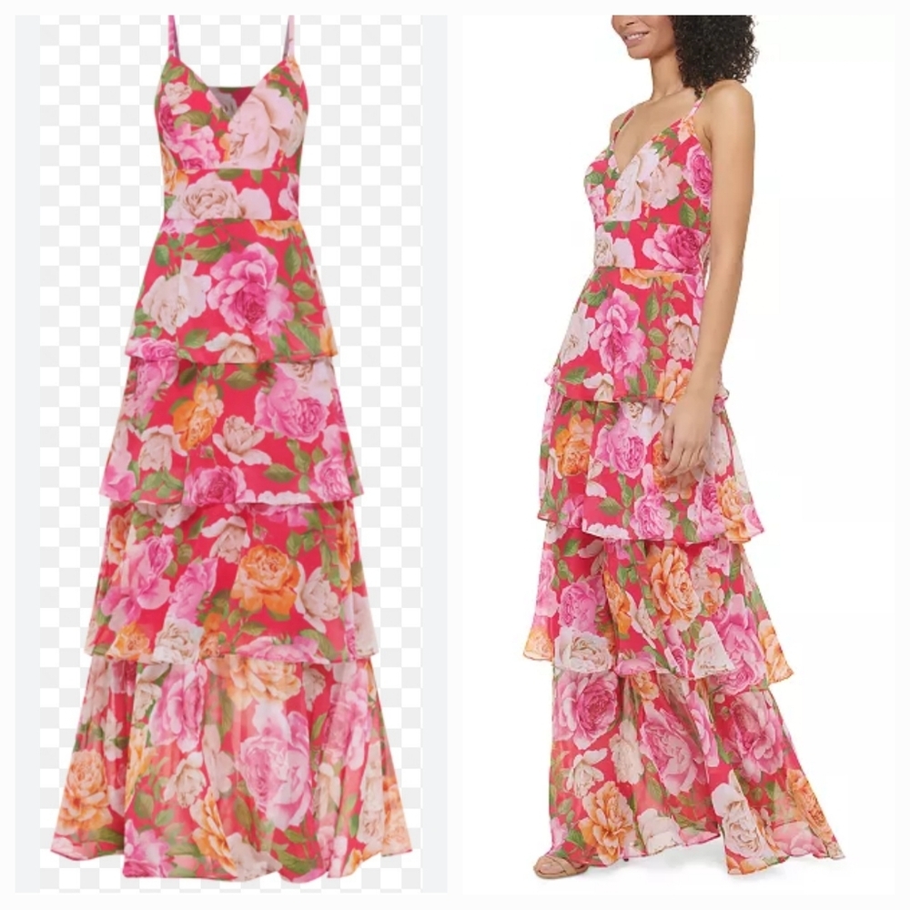 NWT Eliza J Floral Tiered Maxi Dress 16 Pink V-Neck Ruffle Chiffon Gown Wedding - Picture 4 of 14